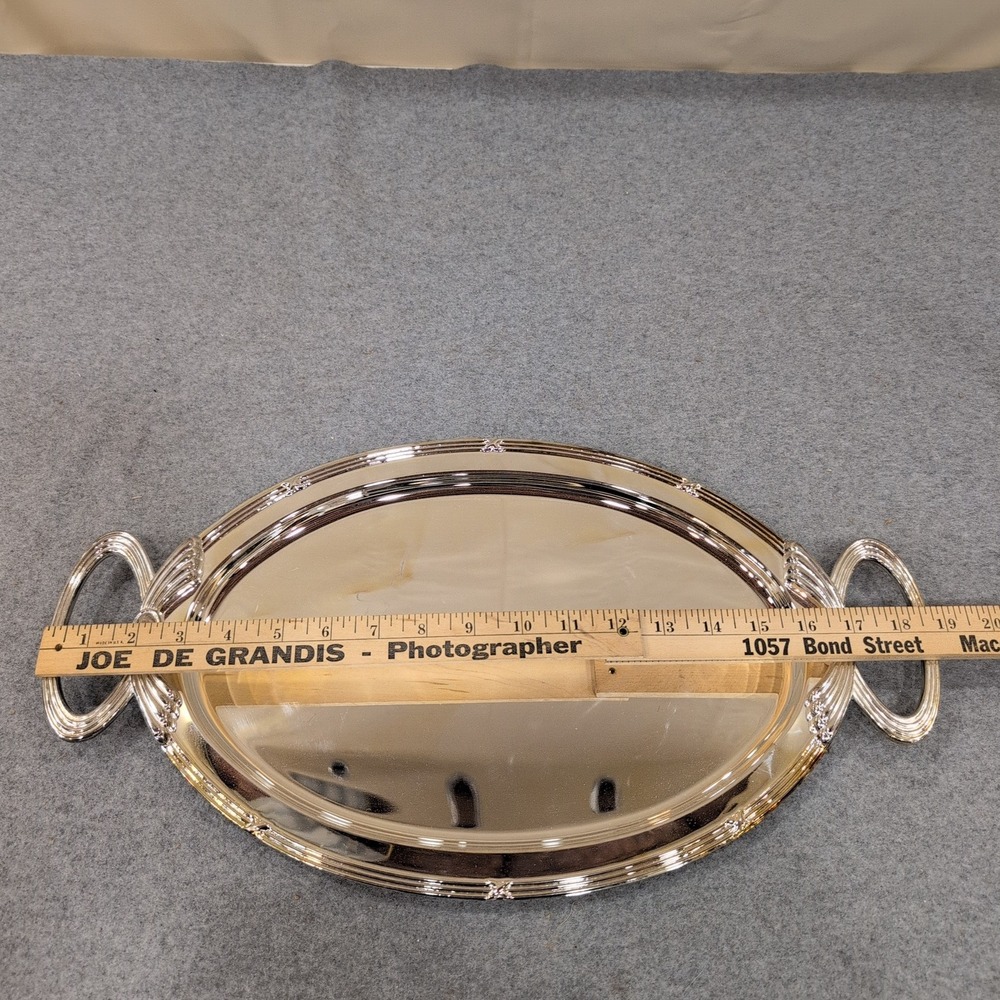 Silver Tone Oval Serving Tray with Decorative Handles Polished Mirror Finish - Picture 4 of 6